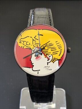 VTG Peter Max 1986 UK Design Blonde Portrait 34mm Watch Pop Art Retro WORKS